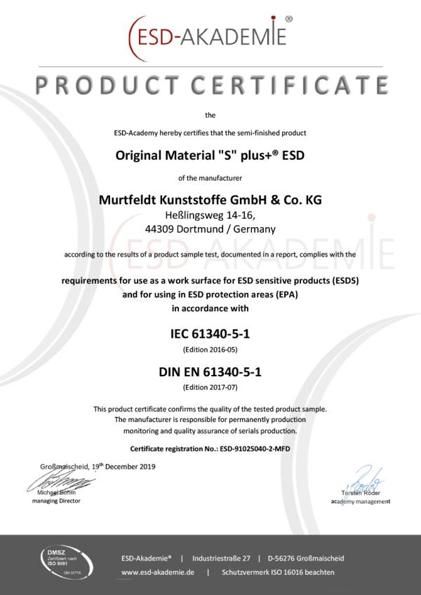Murtfeldt ESD Productcertificaten: Origineel Werkstoff 
