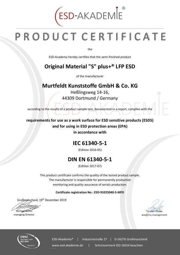 ESD Productcertificaten: Origineel Werkstoff 