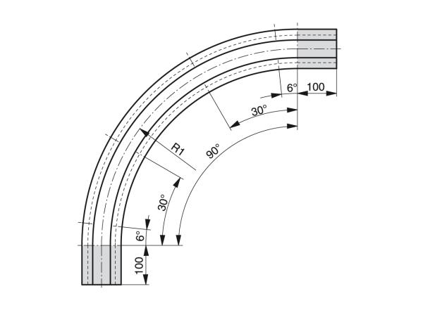 Kurvenführungen für Scharnierbandketten mit Schwalbenschwanzführung - Profile zum Fördern und Transportieren - Murtfeldt GmbH Kunststoffe - Technische Zeichnung 3