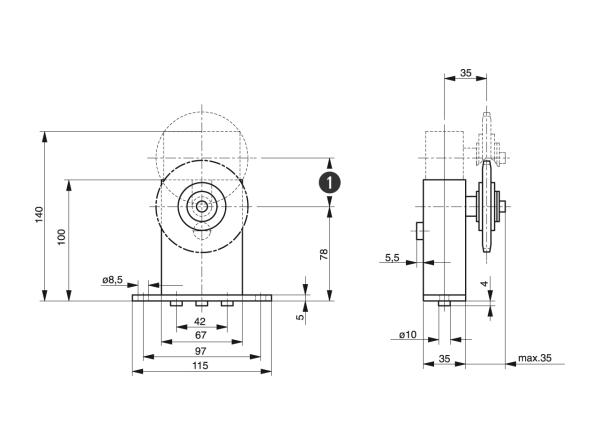 Spann-Box® maat 1 met kettingwiel Typ-K-L - Kettingspanners voor rollenkettingen - Murtfeldt GmbH Kunststoffe - Technische Zeichnung 1