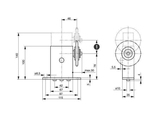 Spann-Box® Gr.1 mit Kettenrad Typ-K-S - Kettenspanner für Rollenketten - Murtfeldt GmbH Kunststoffe - Technische Zeichnung 1