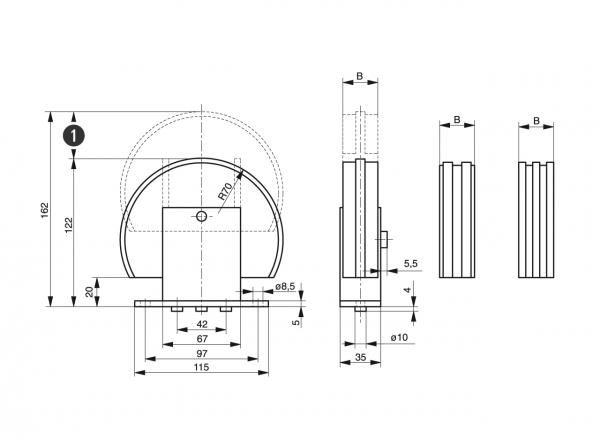 Spann-Box® Gr.1 mit Umlenkprofil 180° - Kettenspanner für Rollenketten - Murtfeldt GmbH Kunststoffe - Technische Zeichnung 1